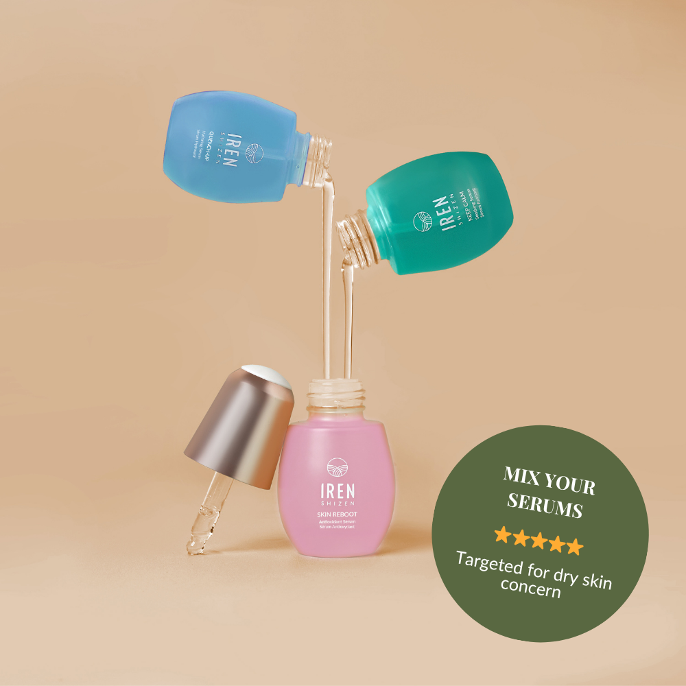 Three colorful serums from IREN Shizen’s DEW UP Hydrating Discovery Kit are artfully arranged, promoting a mix-and-match skincare routine to address dry skin and deliver dewy hydration with each antioxidant and hydrating serum.