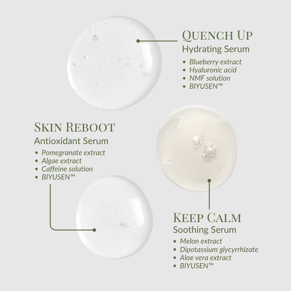 The DEW UP Hydrating Discovery Kit by IREN Shizen showcases three serums as clear droplets on a light gray background, each labeled with its name and key ingredients for dewy, hydrated skin.