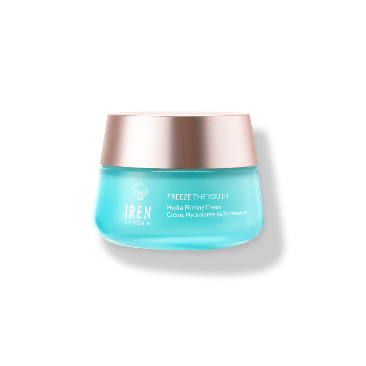 A jar of IREN Shizen™ FREEZE THE YOUTH Hydra Firming Cream age-defying formula against a white background.