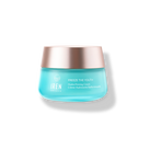 A blue jar of IREN Shizen FREEZE THE YOUTH Hydra Firming Cream with a rose gold metallic lid is shown on a plain white background.