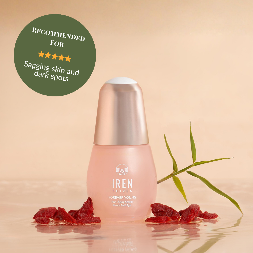A bottle of IREN Shizen FOREVER YOUNG Anti-Aging Serum is shown with dried red berries and a green twig, plus a badge recommending it for sagging skin and dark spots. #show-lang-en
