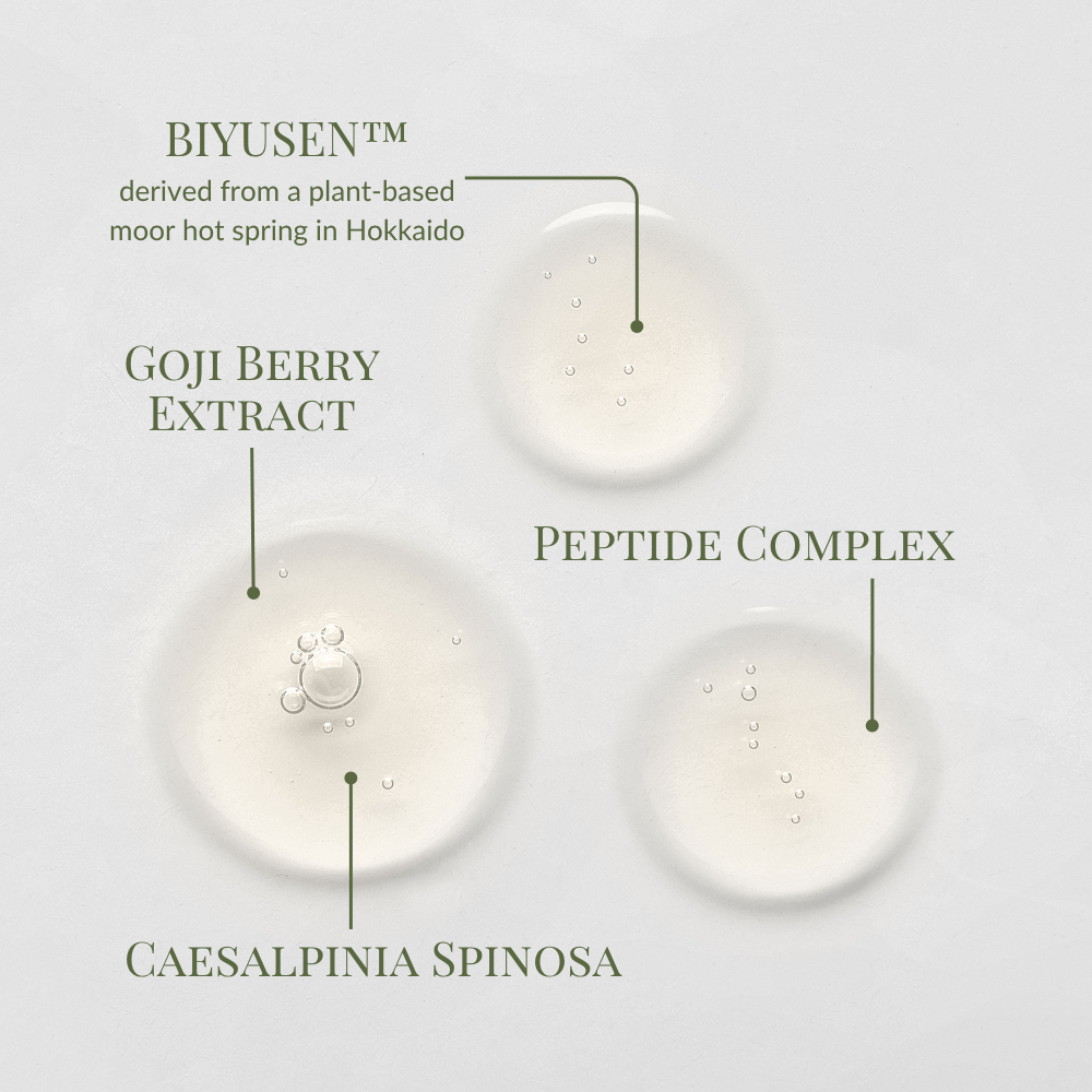 Three drops of IREN Shizen FOREVER YOUNG Anti-Aging Serum with Goji Berry Extract, Peptide Complex, and Caesalpinia Spinosa on a light background, showcasing its collagen-boosting and anti-aging benefits. #show-lang-en