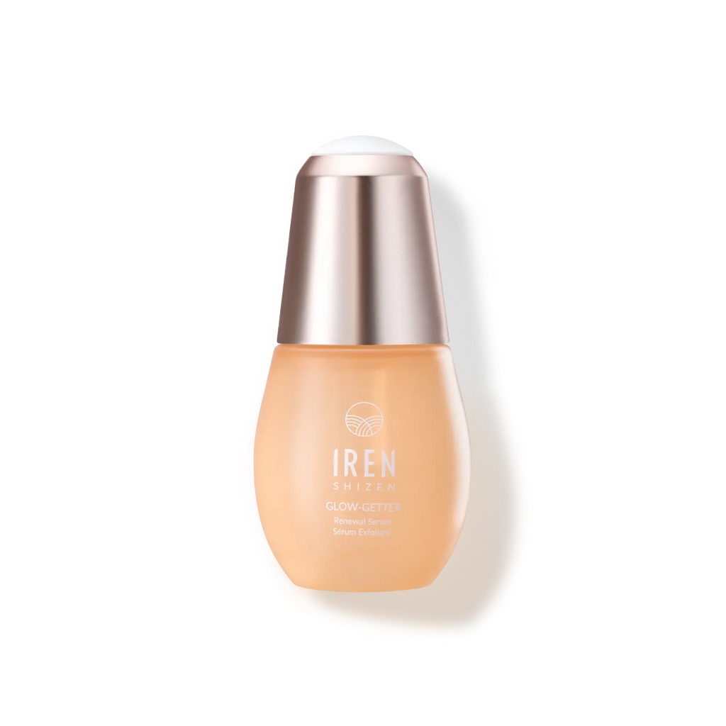 A bottle of GLOW-GETTER Renewal Serum by IREN Shizen, a Japanese skincare brand, on a white background.