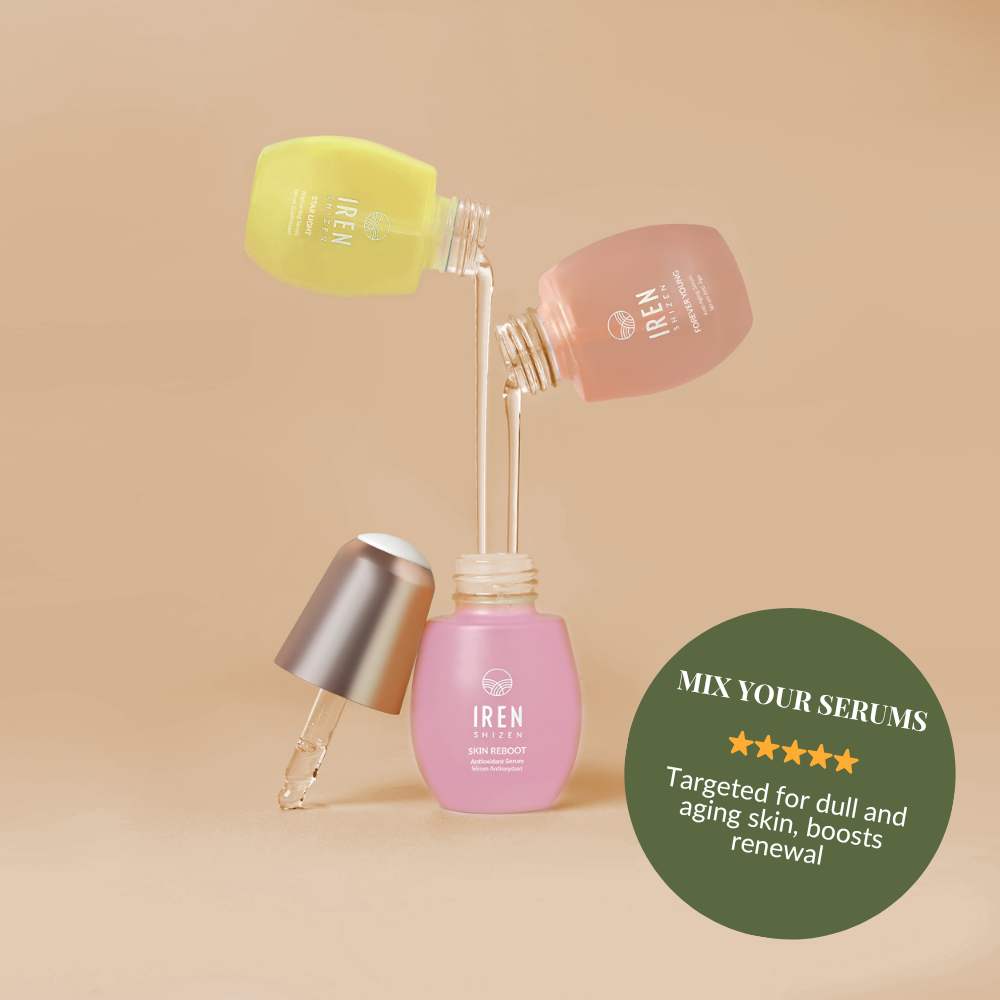 Three colorful skincare serum bottles with droppers from IREN Shizen’s GLOW UP Anti-Aging Discovery Kit are artfully displayed against a beige backdrop, featuring brightening and collagen-boosting benefits for dull, aging skin. #show-lang-en