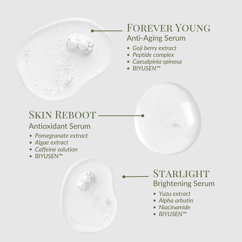 The GLOW UP Anti-Aging Discovery Kit by IREN Shizen features three serums, each formulated to boost collagen and deliver key ingredients for radiant, youthful skin. #show-lang-en