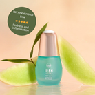 The KEEP CALM Soothing Serum by IREN Shizen is shown with melon slices and a green badge, highlighting its suitability for redness, inflammation, eczema, and sensitive skin. #show-lang-en