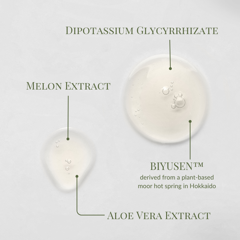 Two clear gel drops on a light background, labeled with melon extract, aloe vera extract, dipotassium glycyrrhizate, and plant-based BIYUSEN™ in IREN Shizen KEEP CALM Soothing Serum—ideal for sensitive skin or calming routines.
#show-lang-en