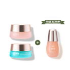 The MOISTURE SANDWICH Skincare Kit by IREN Shizen features two colorful jars and a pink "FREE SERUM" bottle on a white background—ideal for boosting hydration and enhancing serum absorption.