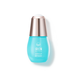 A bottle of QUENCH-UP Hydrating Serum by IREN Shizen, a customised Japanese skincare product, on a white background.