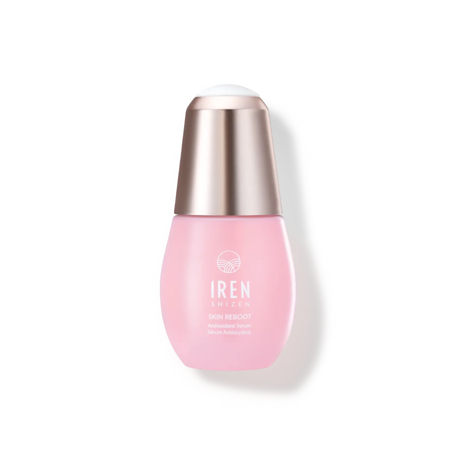 A bottle of custom Japanese skincare Serum by IREN Shizen on a white background. 