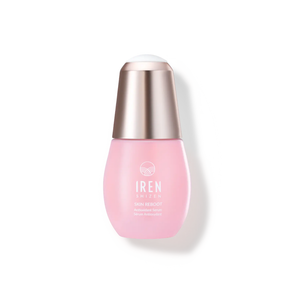 A bottle of custom Japanese skincare Serum by IREN Shizen on a white background.
