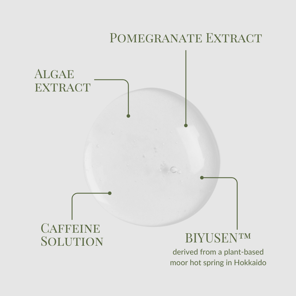 IREN Shizen’s SKIN REBOOT Antioxidant Serum, a clear gel containing pomegranate extract, algae extract, caffeine solution, and BIYUSEN™, helps reduce dark circles for a brighter under-eye area. #show-lang-en