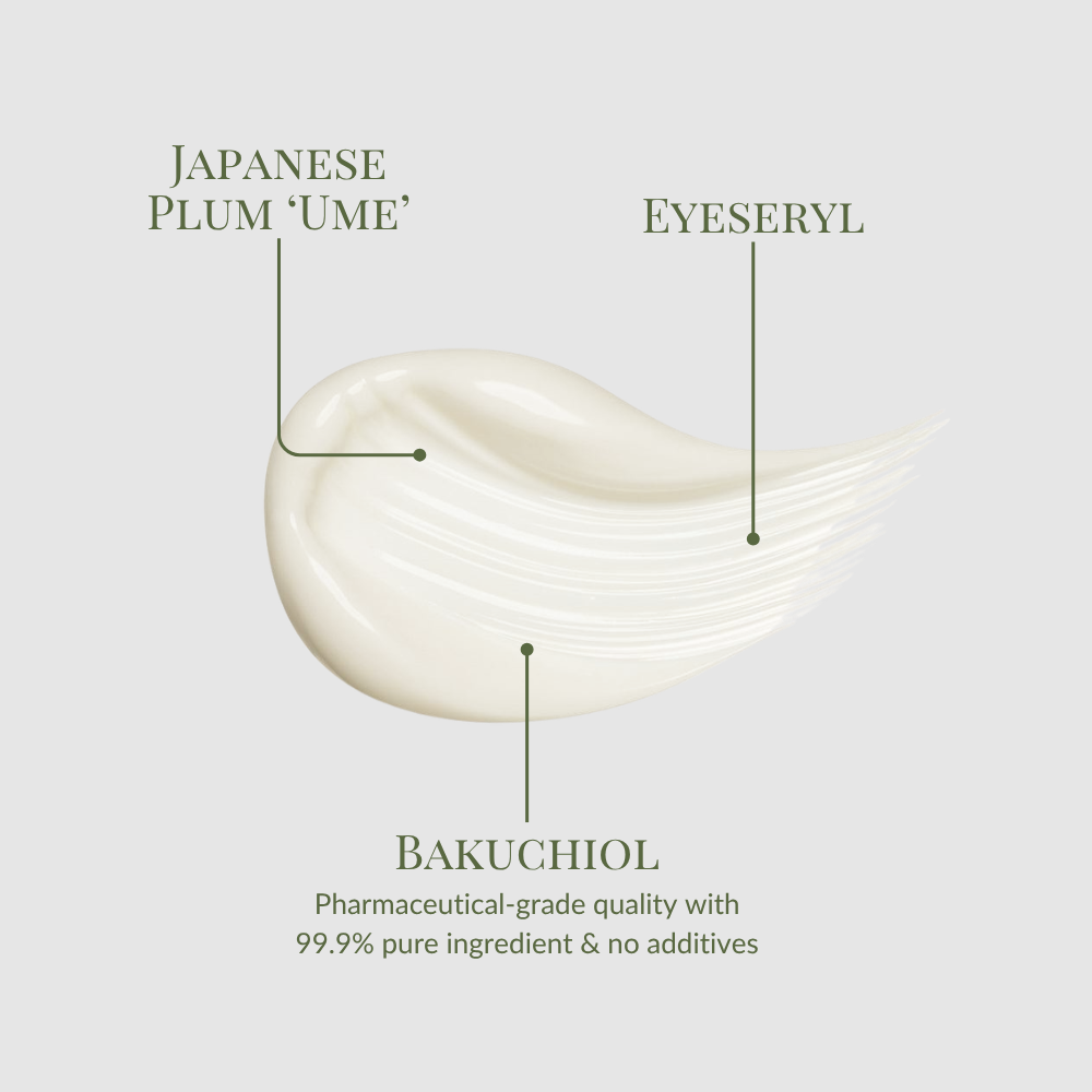 IREN Shizen's TIMELESS ELIXIR Multi-Lift Eye and Lip Cream blends Japanese Plum 'Ume', Eyeseryl, and pharmaceutical-grade Bakuchiol for a potent anti-aging formula—99.9% pure, additive-free, ideal for dark circles.
