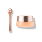 A rose gold facial massager sits beside a jar of IREN Shizen TIMELESS ELIXIR Multi-Lift Eye and Lip Cream, an anti-aging solution for dark circles, beautifully displayed on a light background.