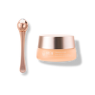A rose gold facial massager sits beside a jar of IREN Shizen TIMELESS ELIXIR Multi-Lift Eye and Lip Cream, an anti-aging solution for dark circles, beautifully displayed on a light background.