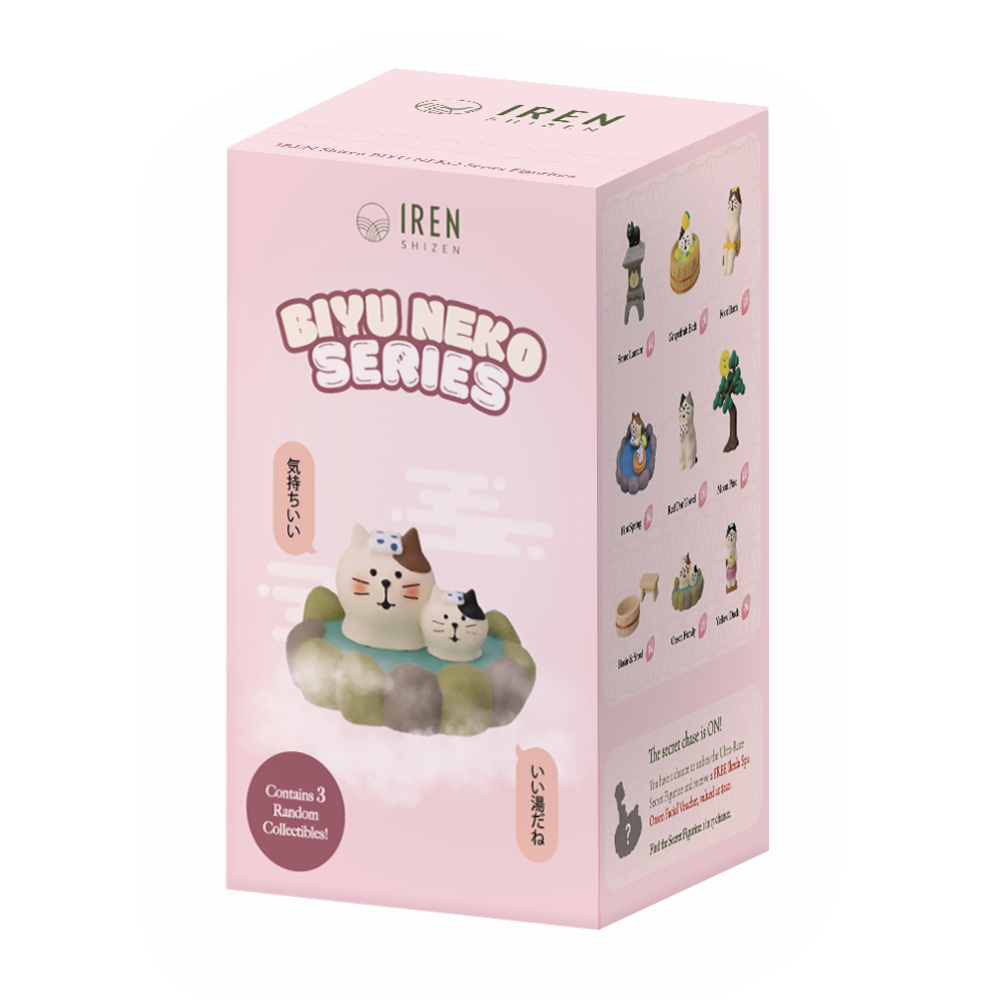 A pink FREE GIFT Biyu Neko Blind Box by IREN Shizen features illustrated cat figures, brand logo, and images of collectible cat figurines on its sides.