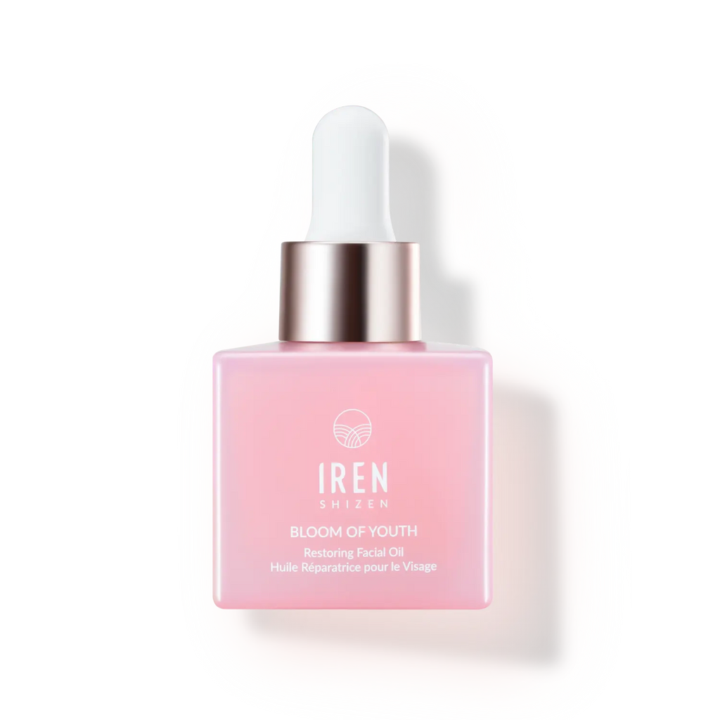 A bottle of customised Japanese Facial Oils by IREN Shizen on a white background.