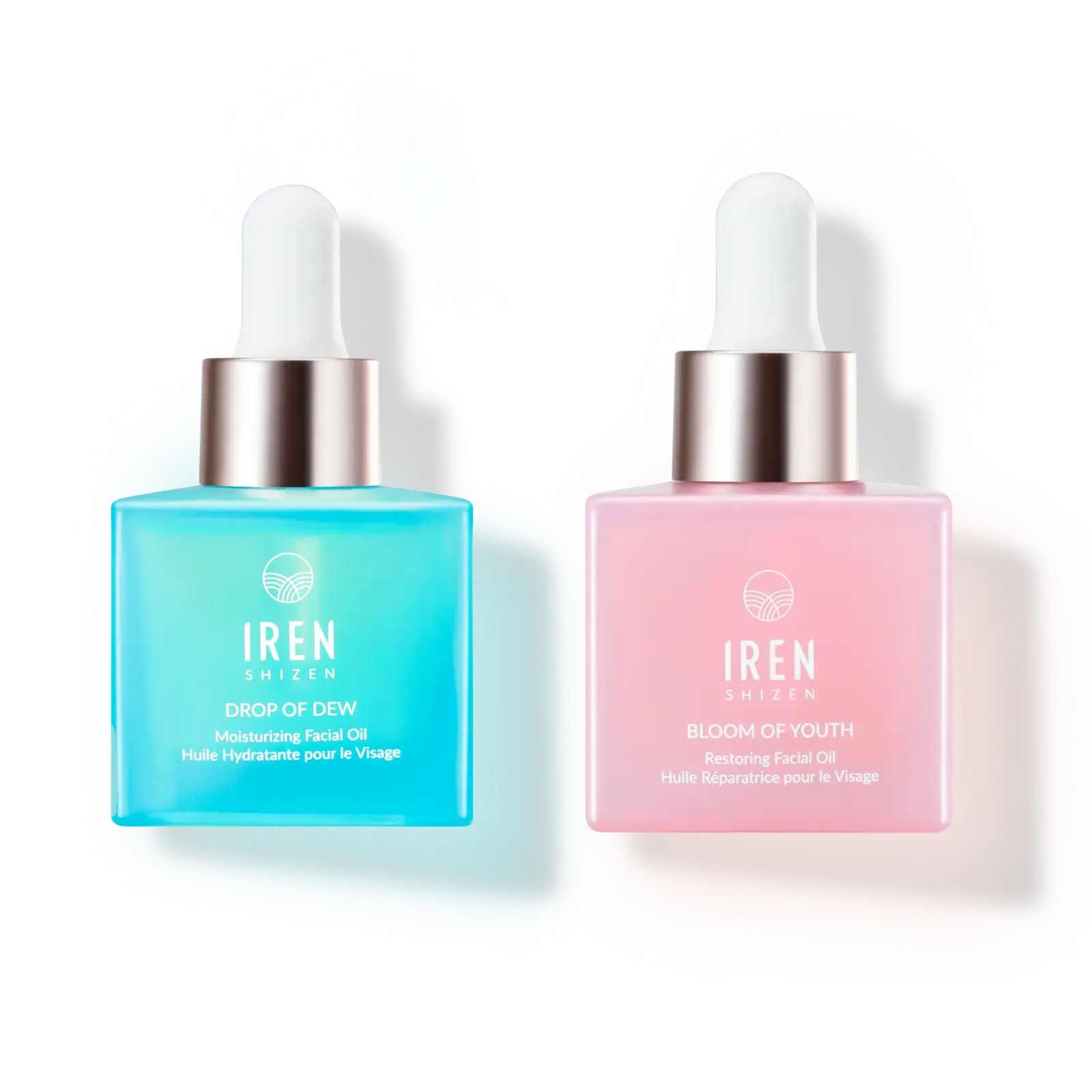 Two bottles of custom IREN Shizen SAMPLE Facial Oils on a white background.