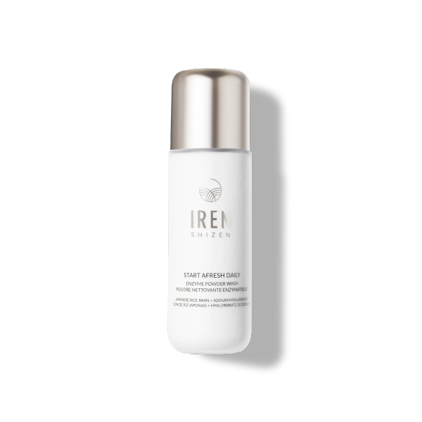 A white bottle of IREN Shizen START AFRESH DAILY Enzyme Powder Wash, a gentle rice enzyme exfoliant, with a silver cap is shown against a plain background.