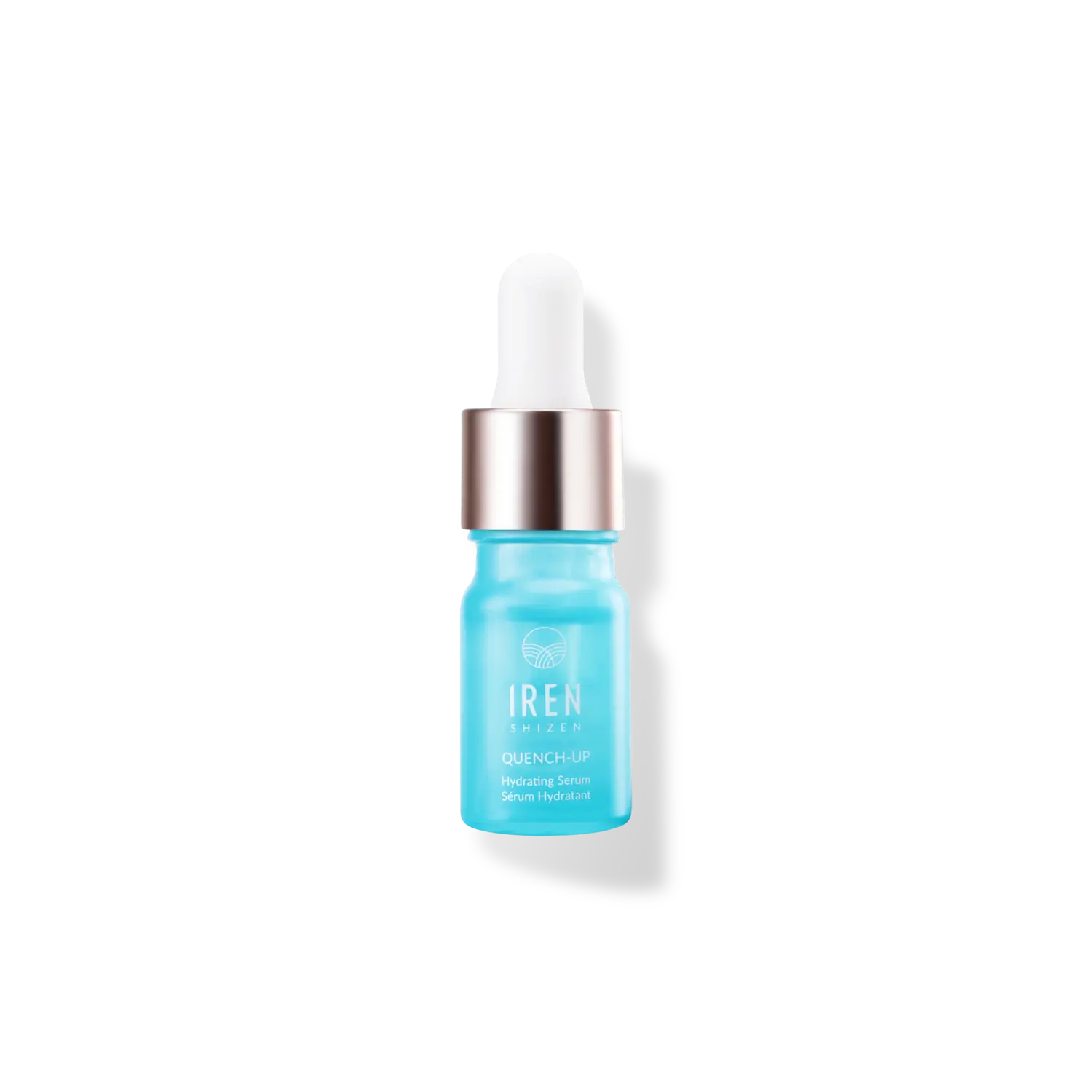 A QUENCH-UP Hydrating Serum from IREN Shizen, with a blue bottle and a white lid, on a black background.