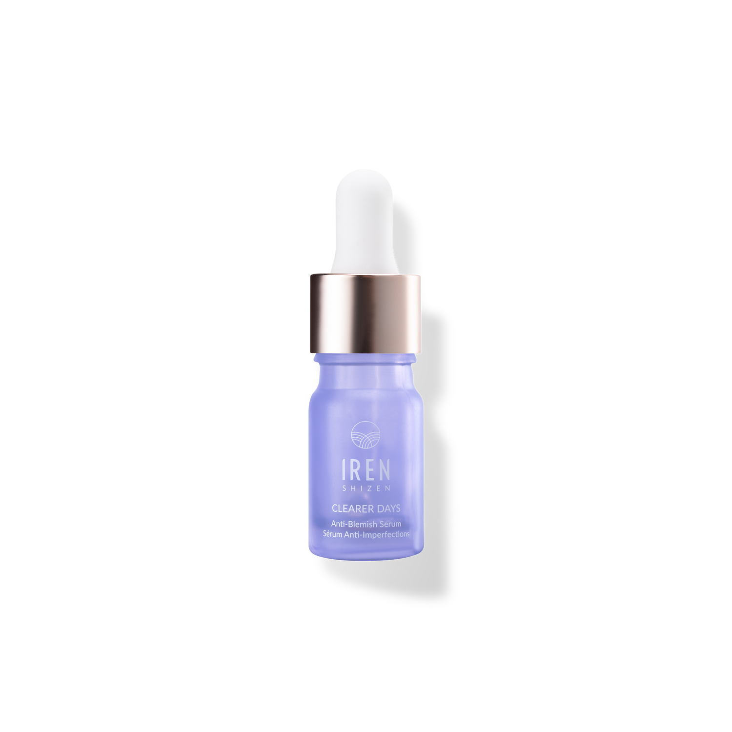 A bottle of IREN Shizen CLEARER DAYS Anti-Blemish Serum on a black background.