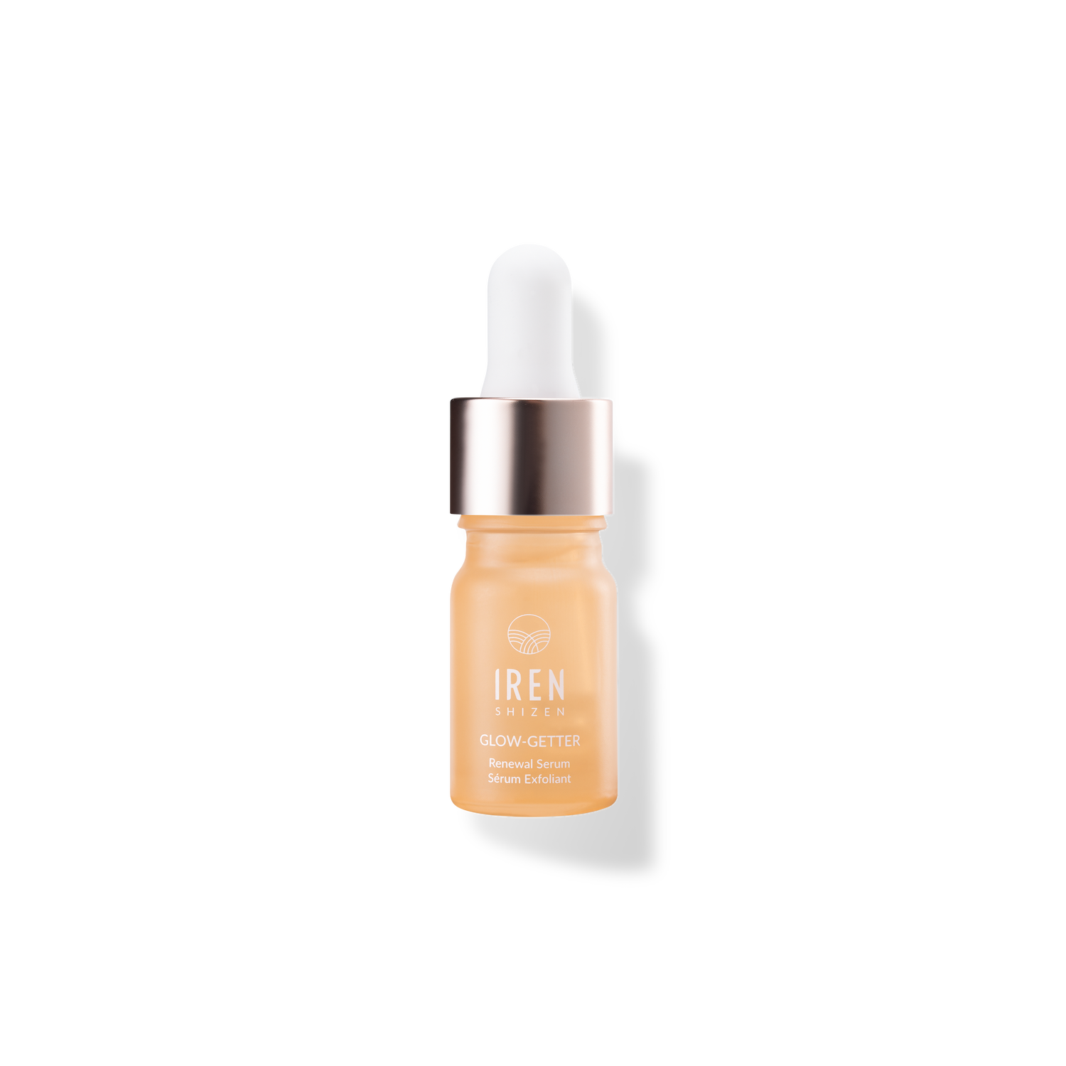 A bottle of GLOW-GETTER Renewal Serum by IREN Shizen on a black background.